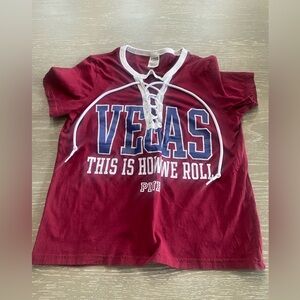 PINK Victoria's Secret Burgundy Tee with White and Blue Glitter Details